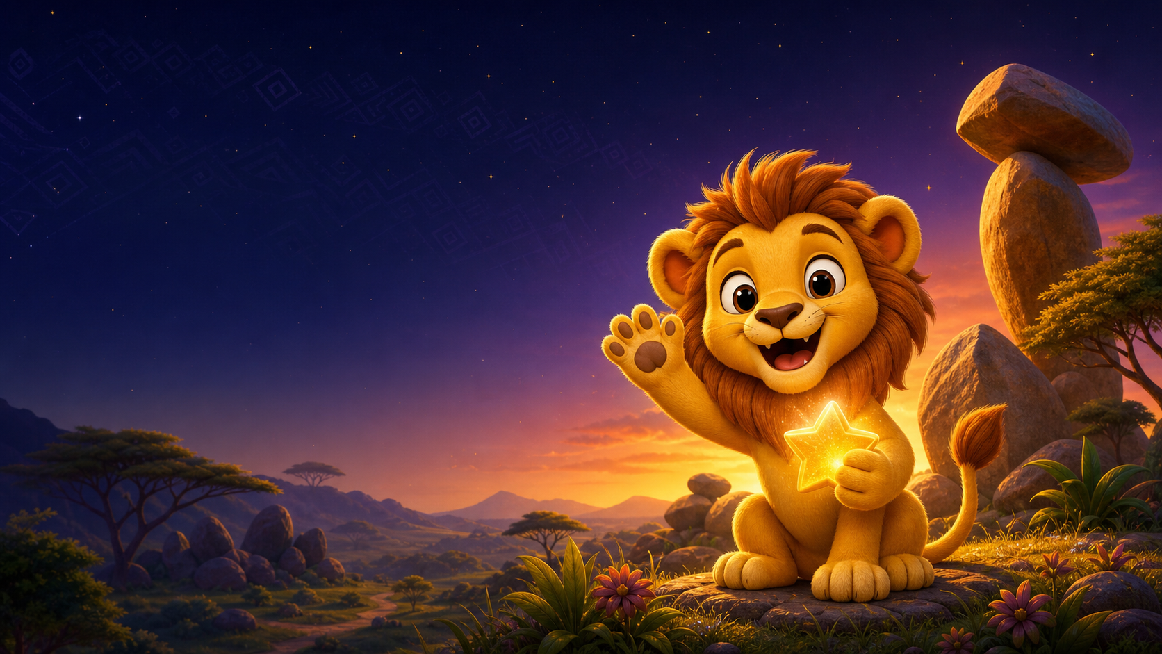 Friendly lion in a magical African landscape